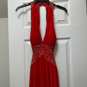 Red open back prom dress